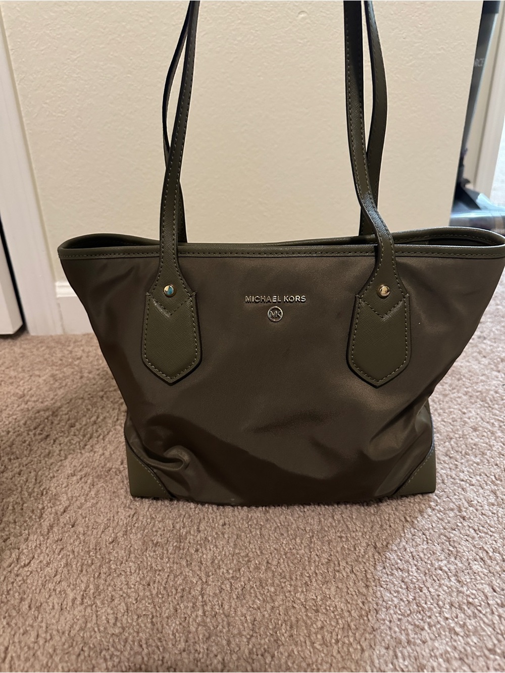 Michael Kors Olive Nylon Tote with Leather Trim